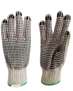 Guantes En Hilaza Recubiertos En Puntos Pvc Doble Cara, Ambidiestro, Color Natural Y Puño Tejido.
